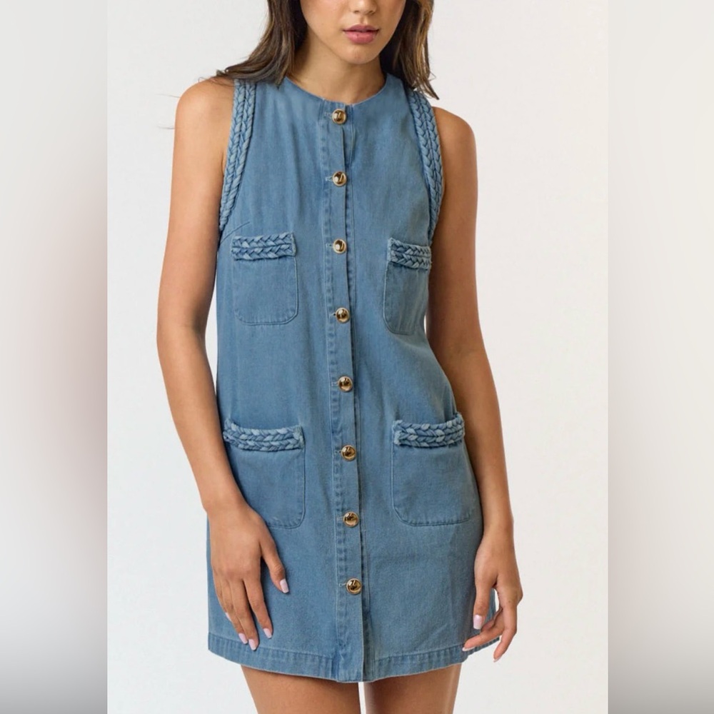 Lalavon Denim Button Front Dress Braided Trim Sleeveless Pockets Size L - Picture 8 of 8